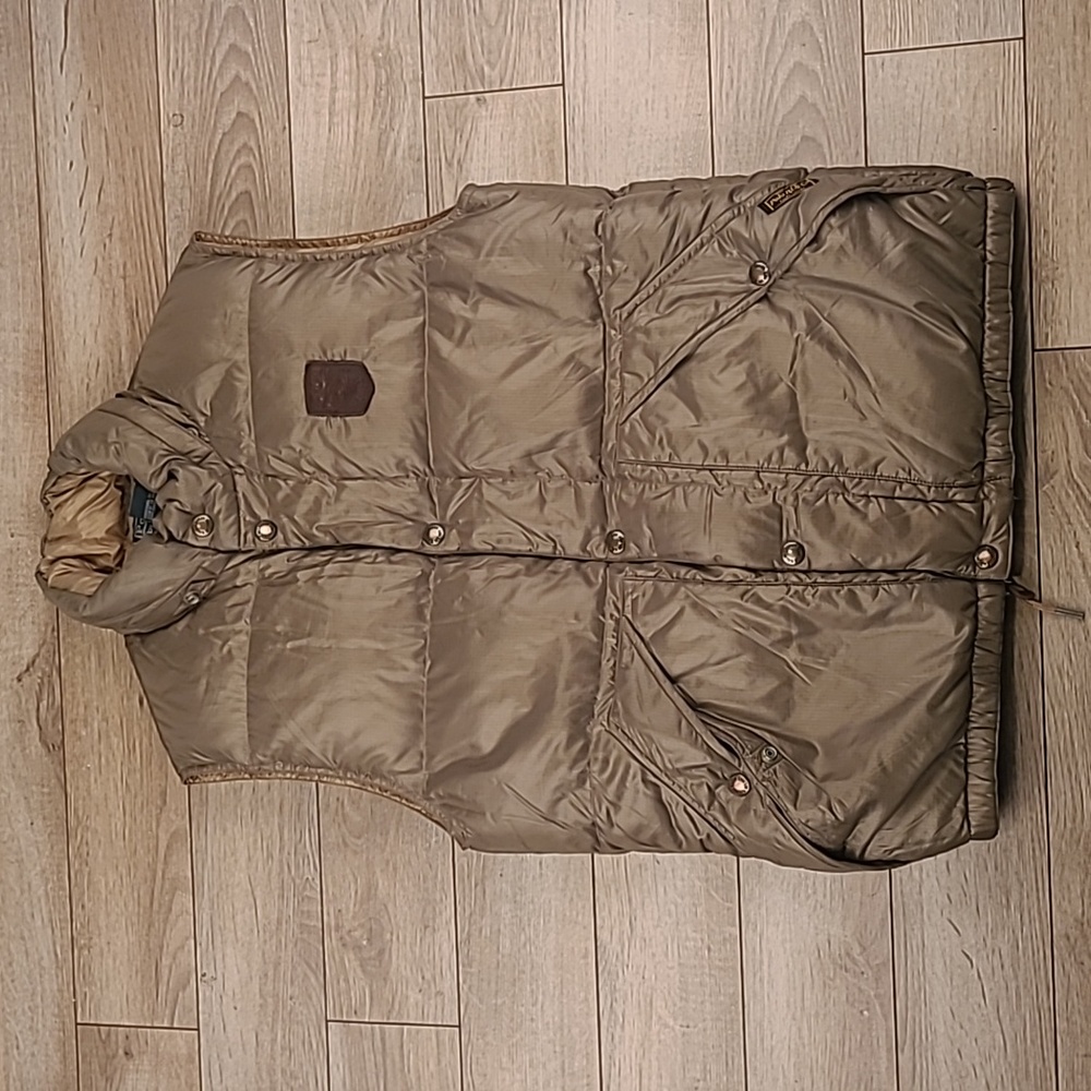POLO RALPH LAUREN Olive Green Down Feather Puffer M Mens Full Zip Vest VTG RARE